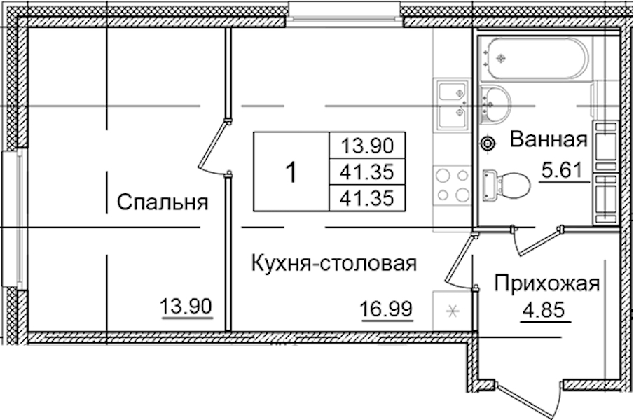 1-комнатная квартира 41.35 м², 9/9 эт., ЖК «Квартал Заречье»